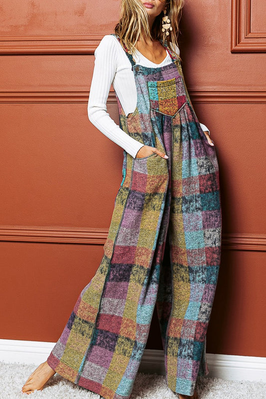 Multicolour Brushed Checkered Wide Leg Overalls