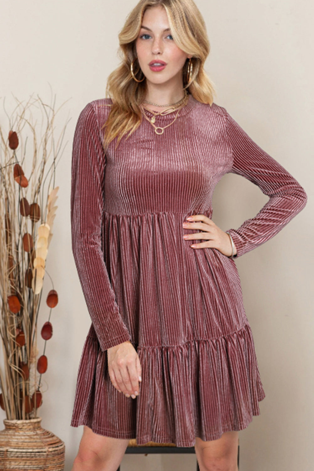 Chestnut Smocked Ribbed Velvet Babydoll Top