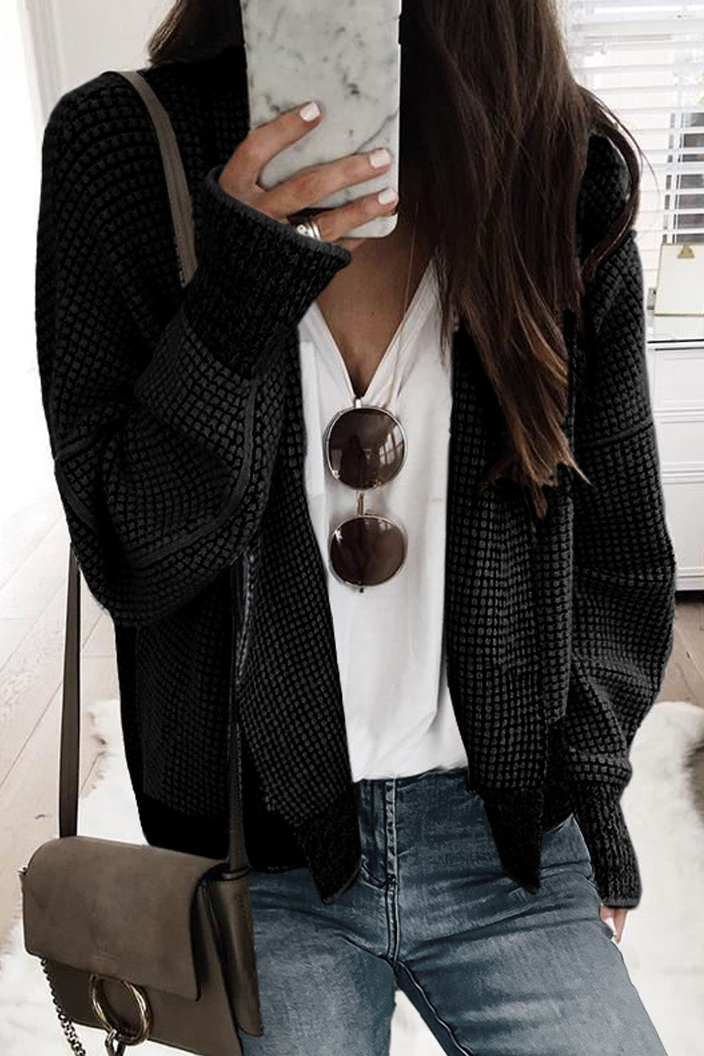 Gray Plaid Knitted Long Open Front Cardigan