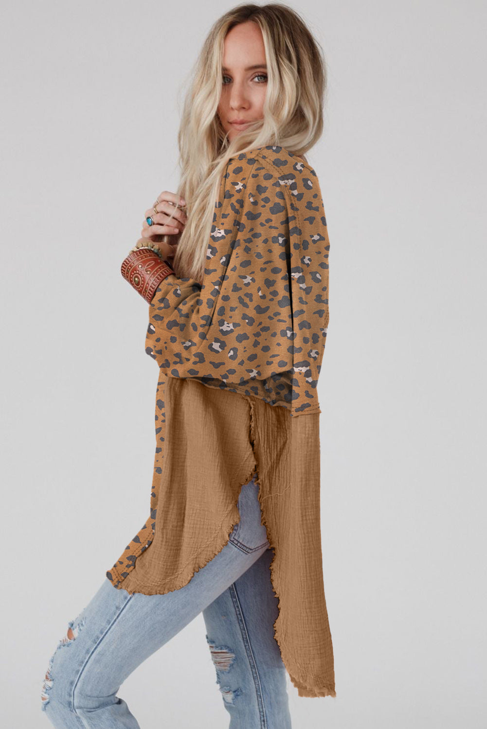 Pink Raw Edge Leopard Patchwork Oversized Blouse