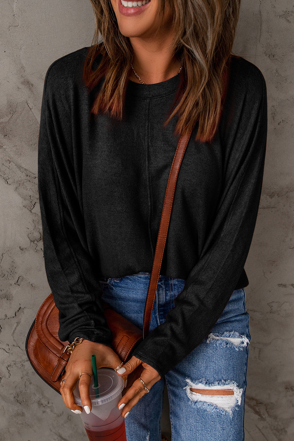 Red Sandalwood V Neck Center Seam Long Sleeve Tee