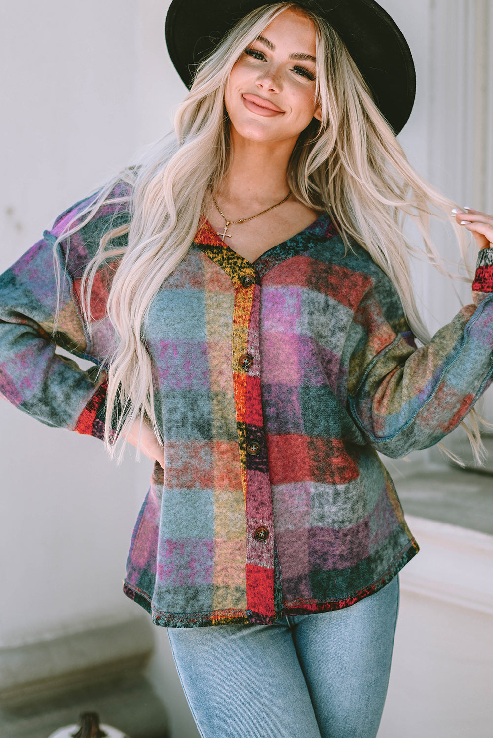 Multicolor Brushed Plaid Plus Size Shacket