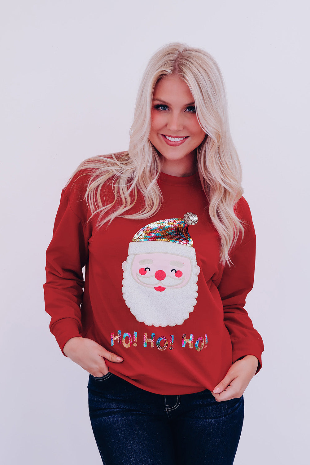 Red Christmas Santa Claus Print Drop Shoulder Sweatshirt