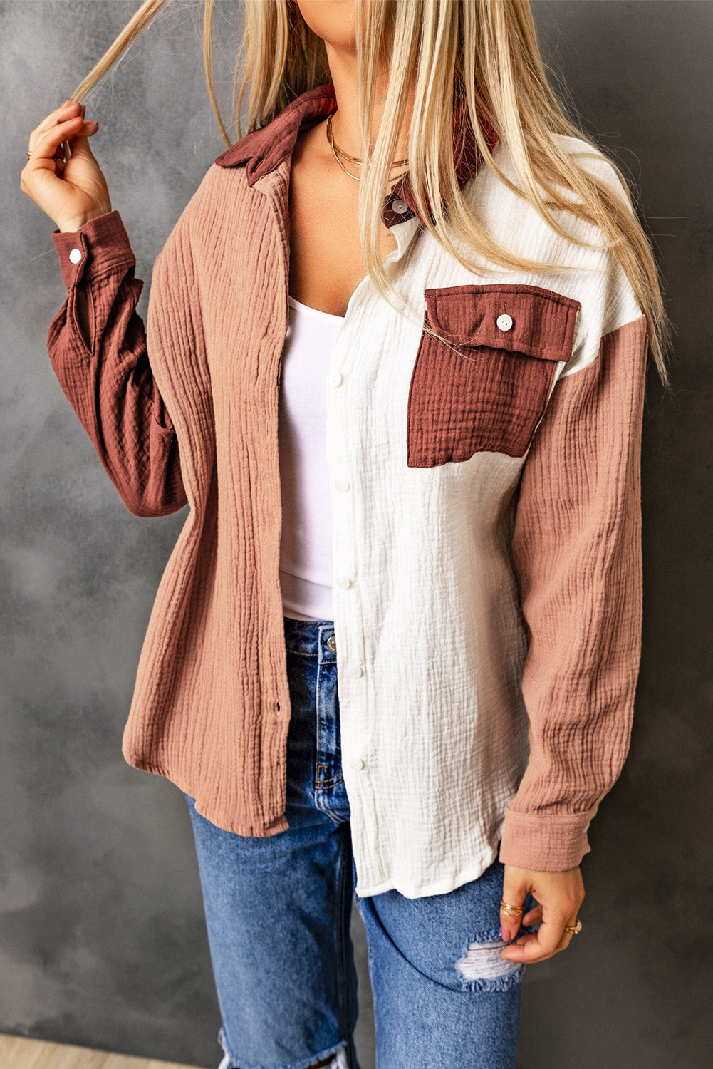 Brown Color Block Textured Long Sleeve Shirt with Pocket