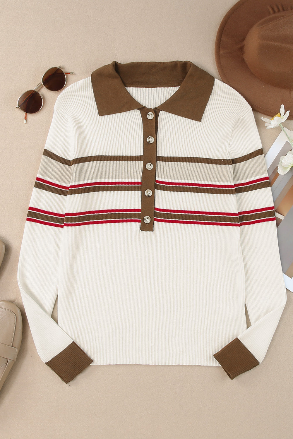 White Rib Knitted Stripe Detail Henley Sweater
