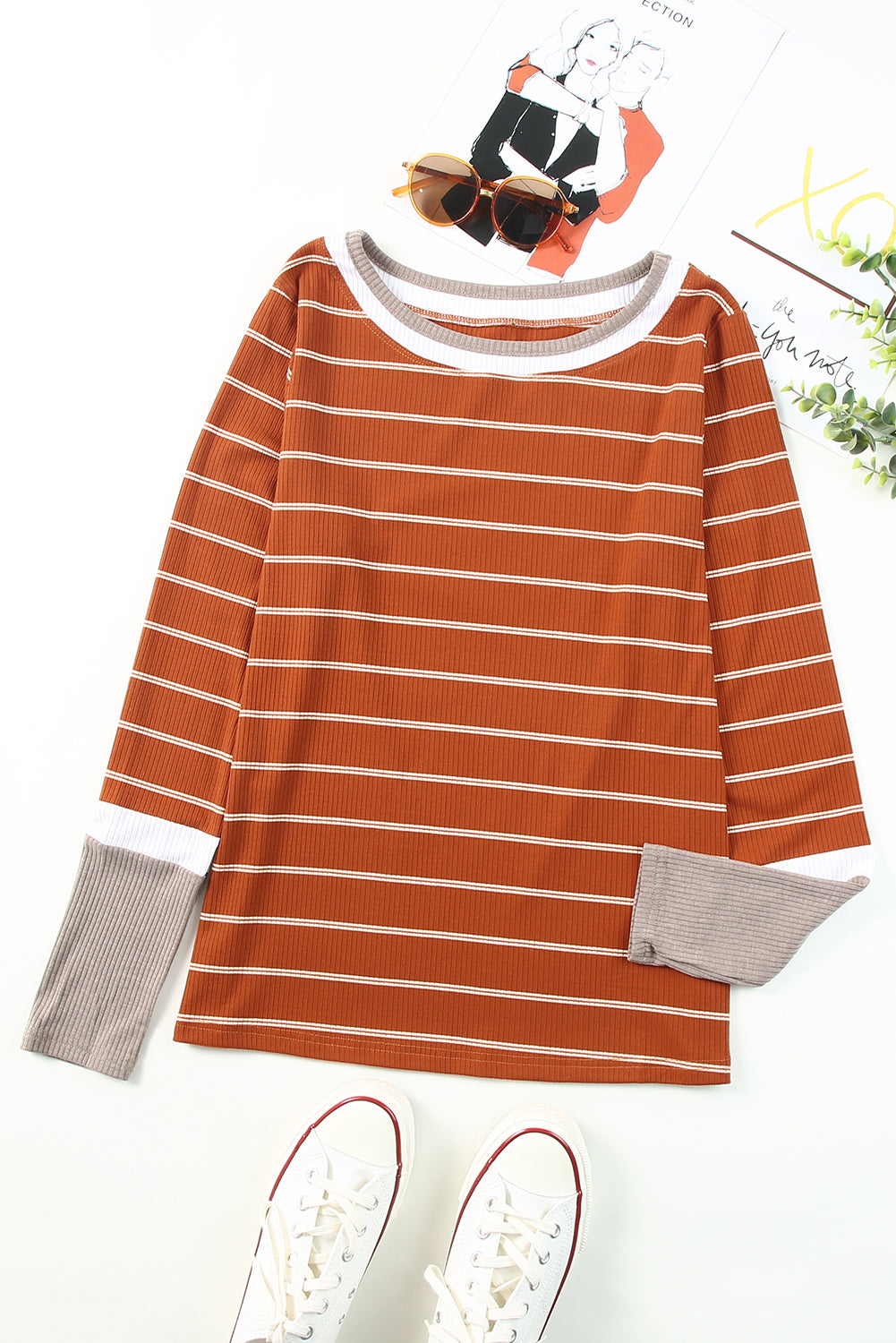 Blue Extend Color Block Cuffs Rib Knit Striped Pullover