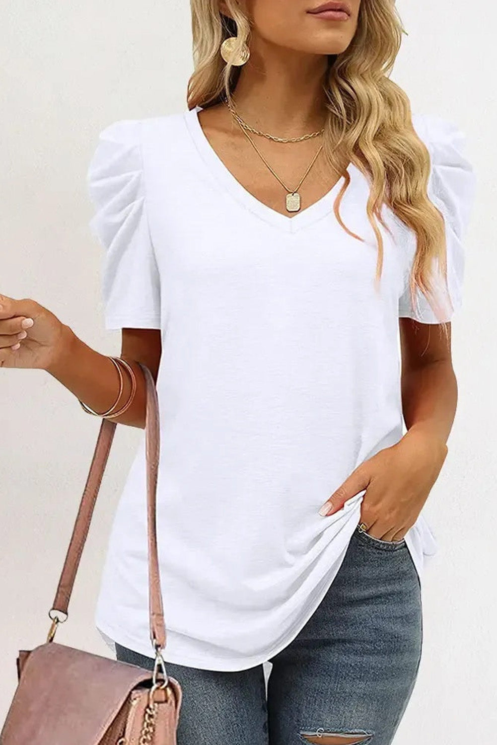 White Sequin Bow Patched Puff Sleeve T Shirt