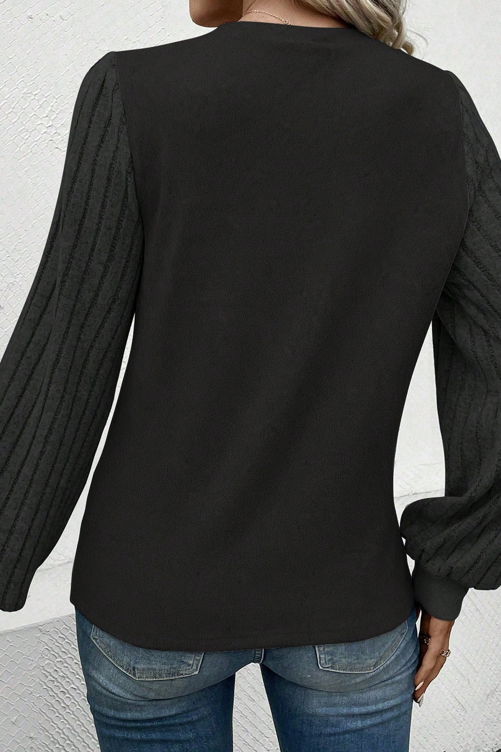 Gray Ribbed Splicing Sleeve Round Neck T-shirt