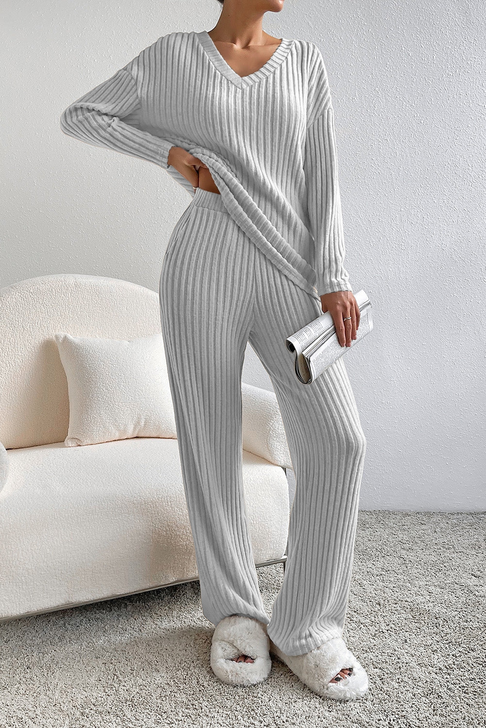 Parchment Plus Size Ribbed V Neck Pullover and Pants Set