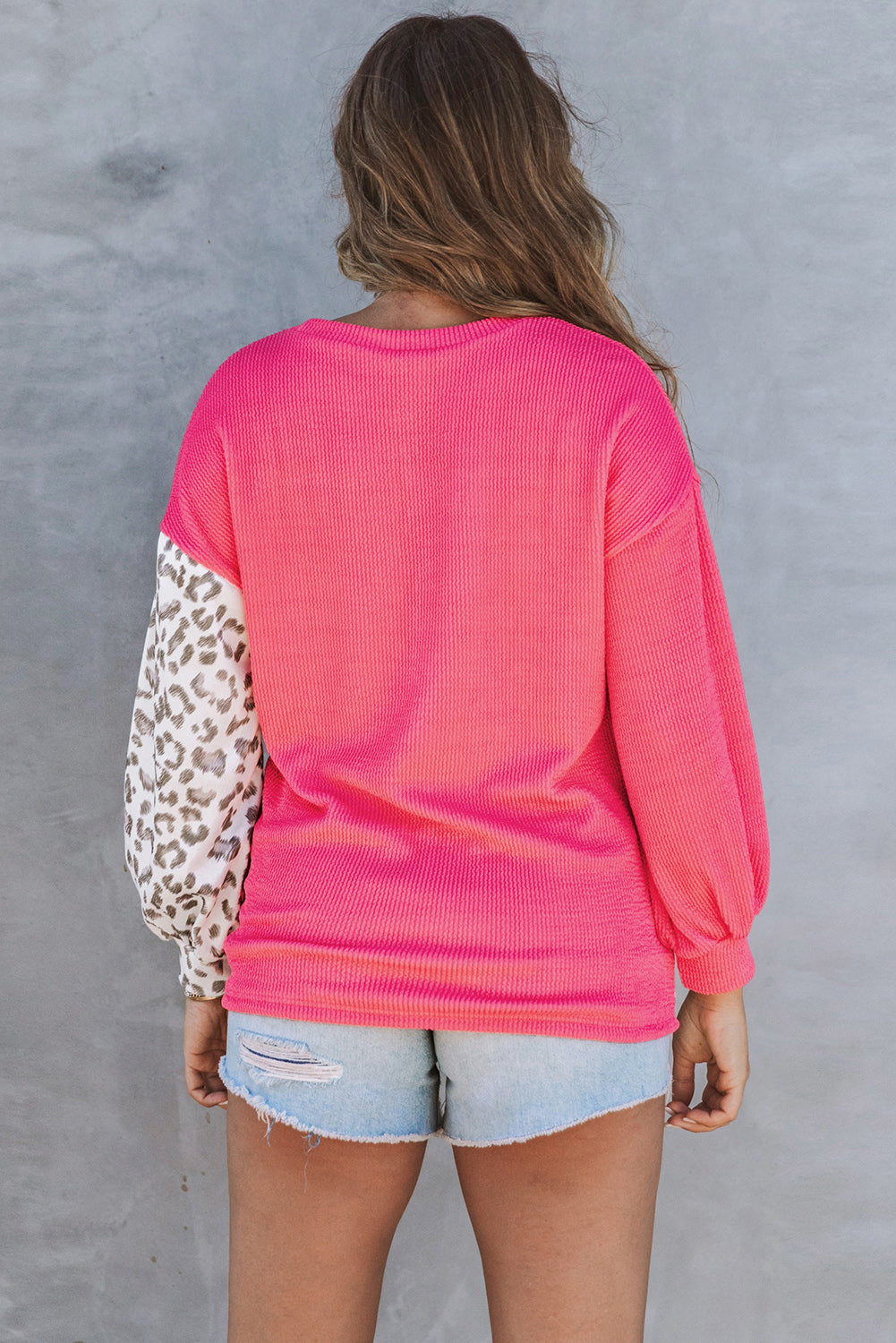 Khaki Leopard Patchwork Color Block Ribbed Long Sleeve Top