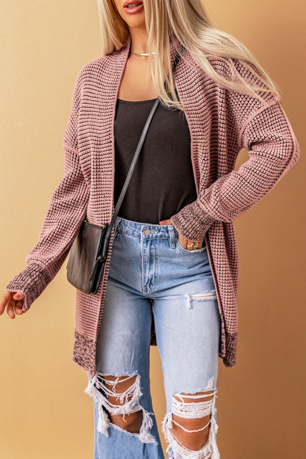 Gray Plaid Knitted Long Open Front Cardigan