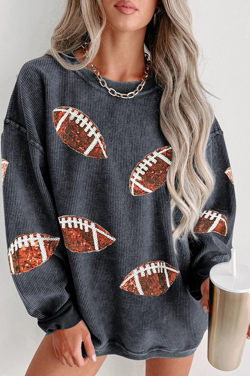 Black Sequined Jack O Lantern Corded Sweatshirt