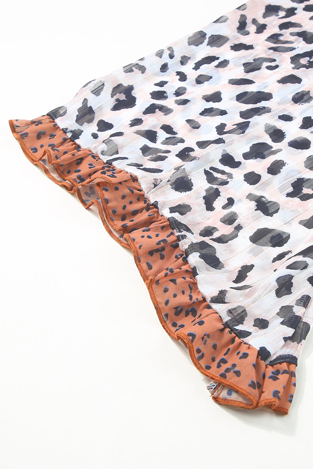 Khaki Printed Plus Ruffle Leopard Sleeve Waffled Color Block Top