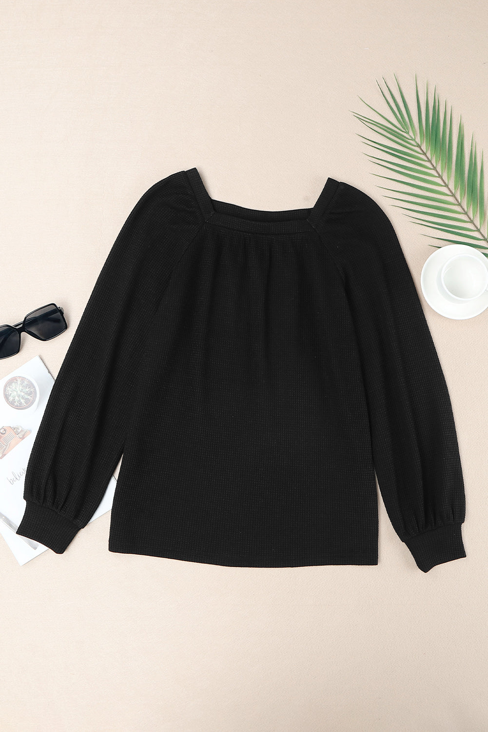 Square Neck Puff Sleeve Waffle Knit Top