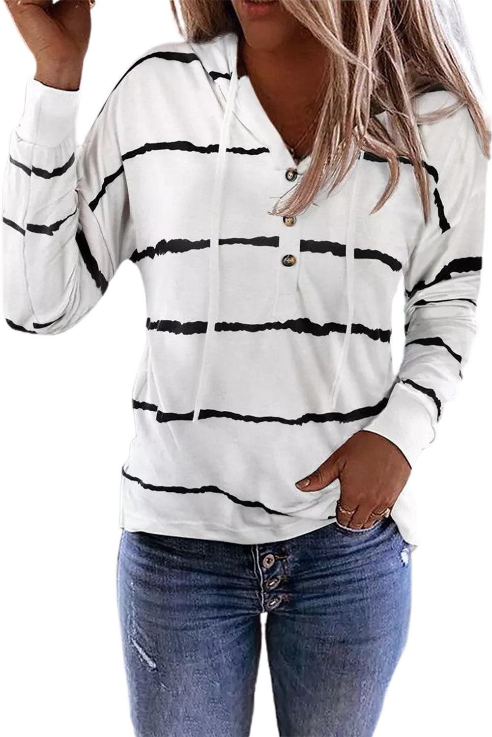 Black Striped Drawstring Button Long Sleeve Hoodie