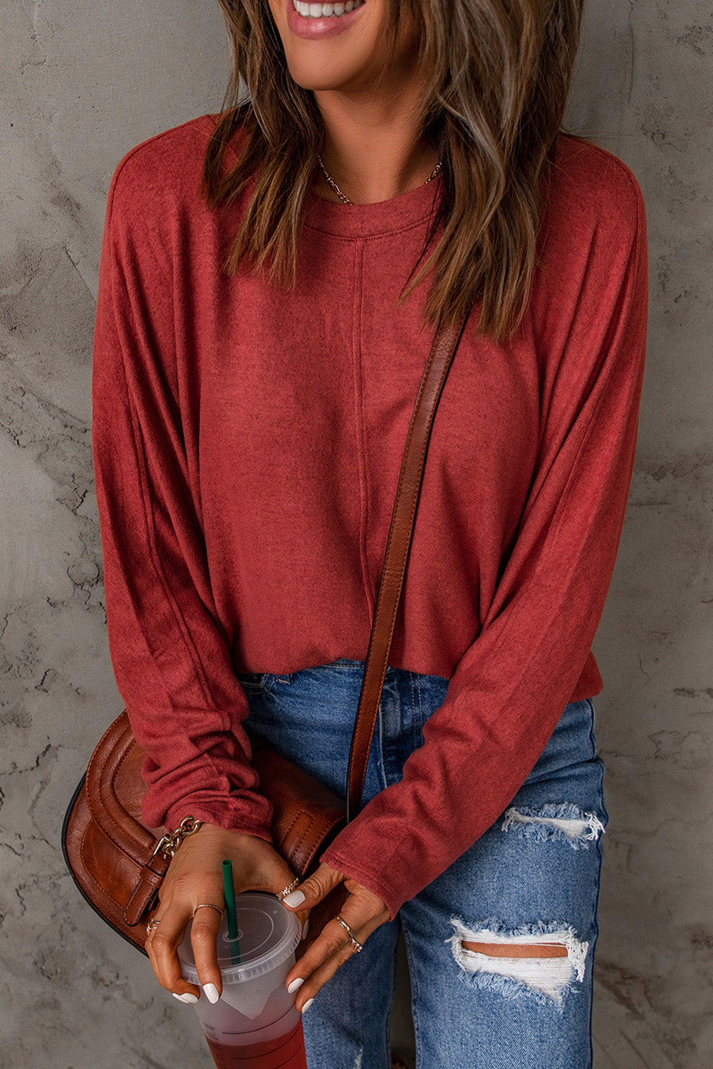 Red Sandalwood V Neck Center Seam Long Sleeve Tee