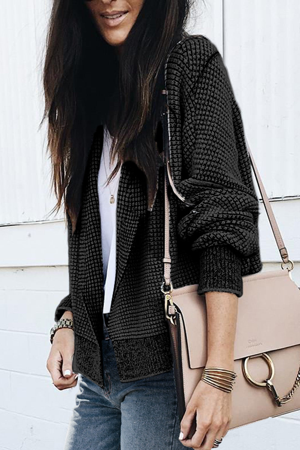 Gray Plaid Knitted Long Open Front Cardigan