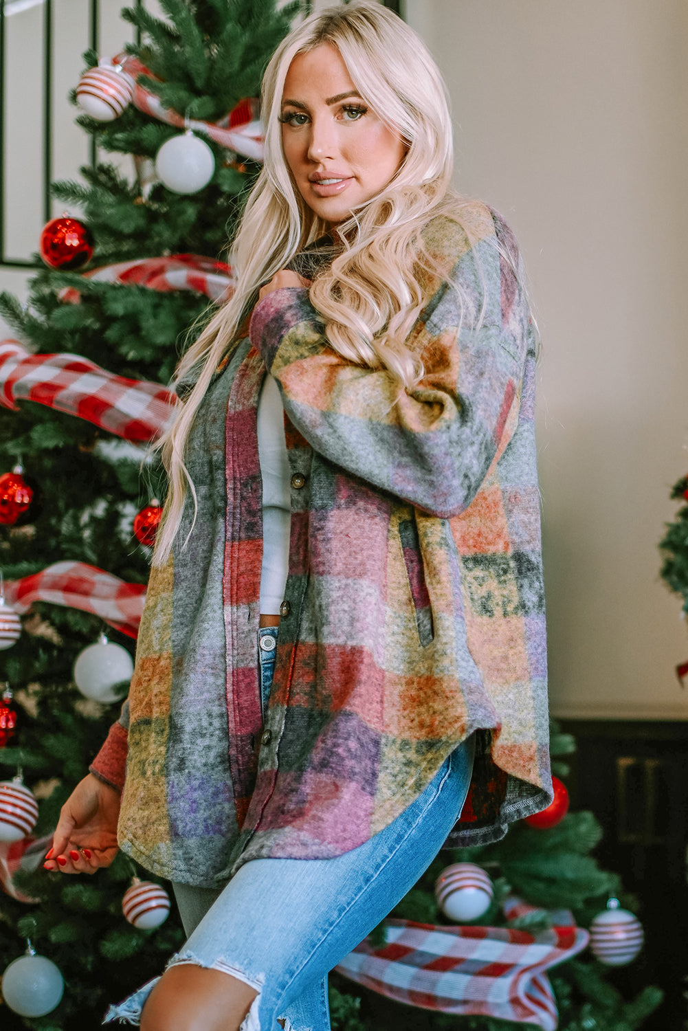 Multicolor Brushed Plaid Plus Size Shacket