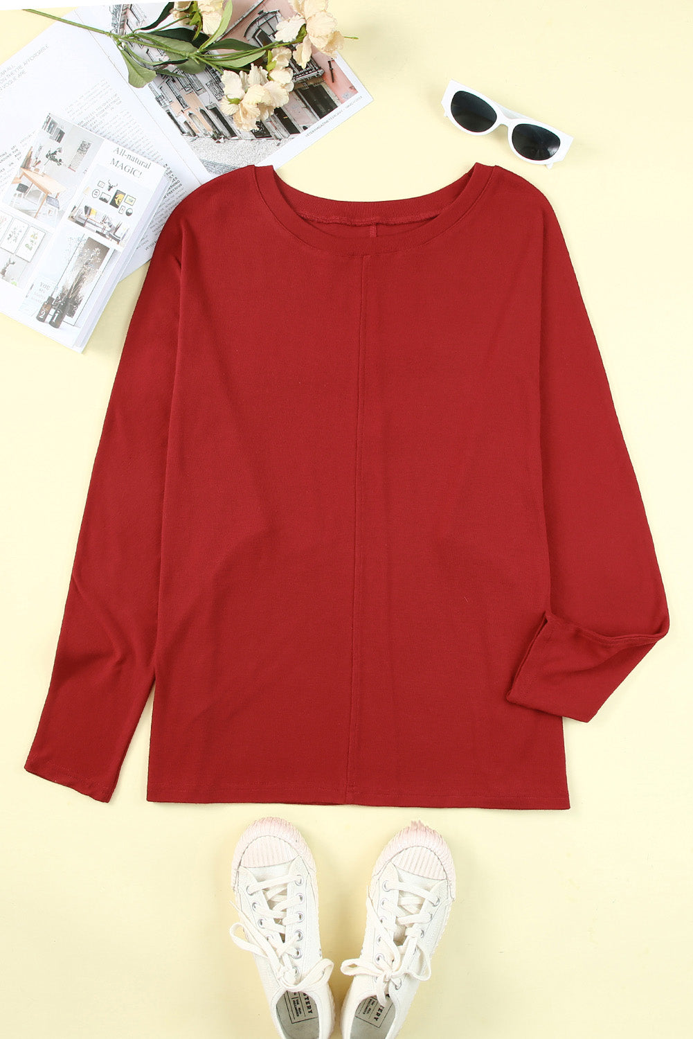 Red Sandalwood V Neck Center Seam Long Sleeve Tee