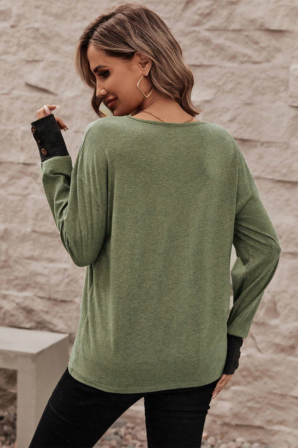 Khaki Contrast V Neck Button Cuffed Long Sleeve Top