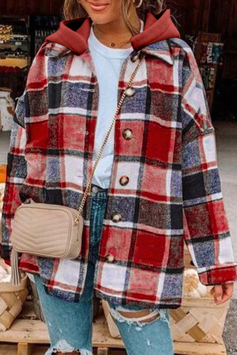 Red Printed Plus Size Plaid Button up Hooded Jacket