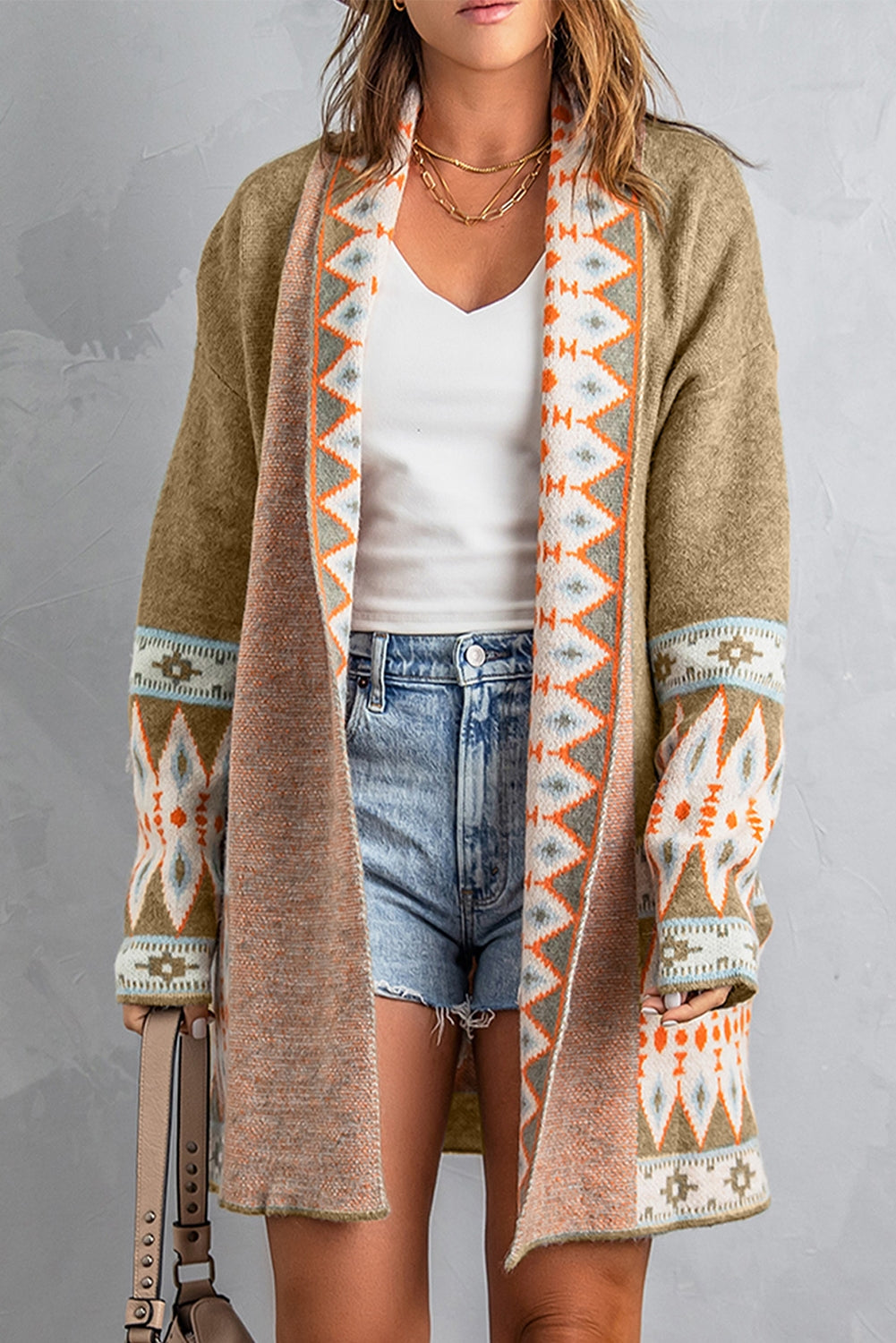 Orange Printed Aztec Print Open Front Knitted Cardigan