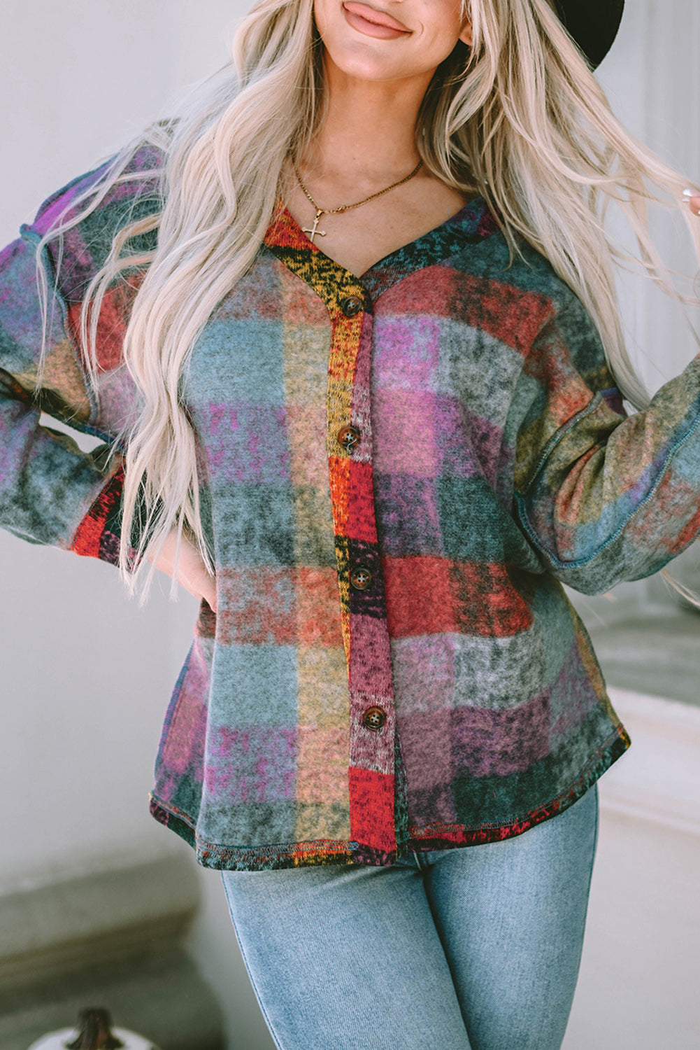 Multicolor Brushed Plaid Plus Size Shacket