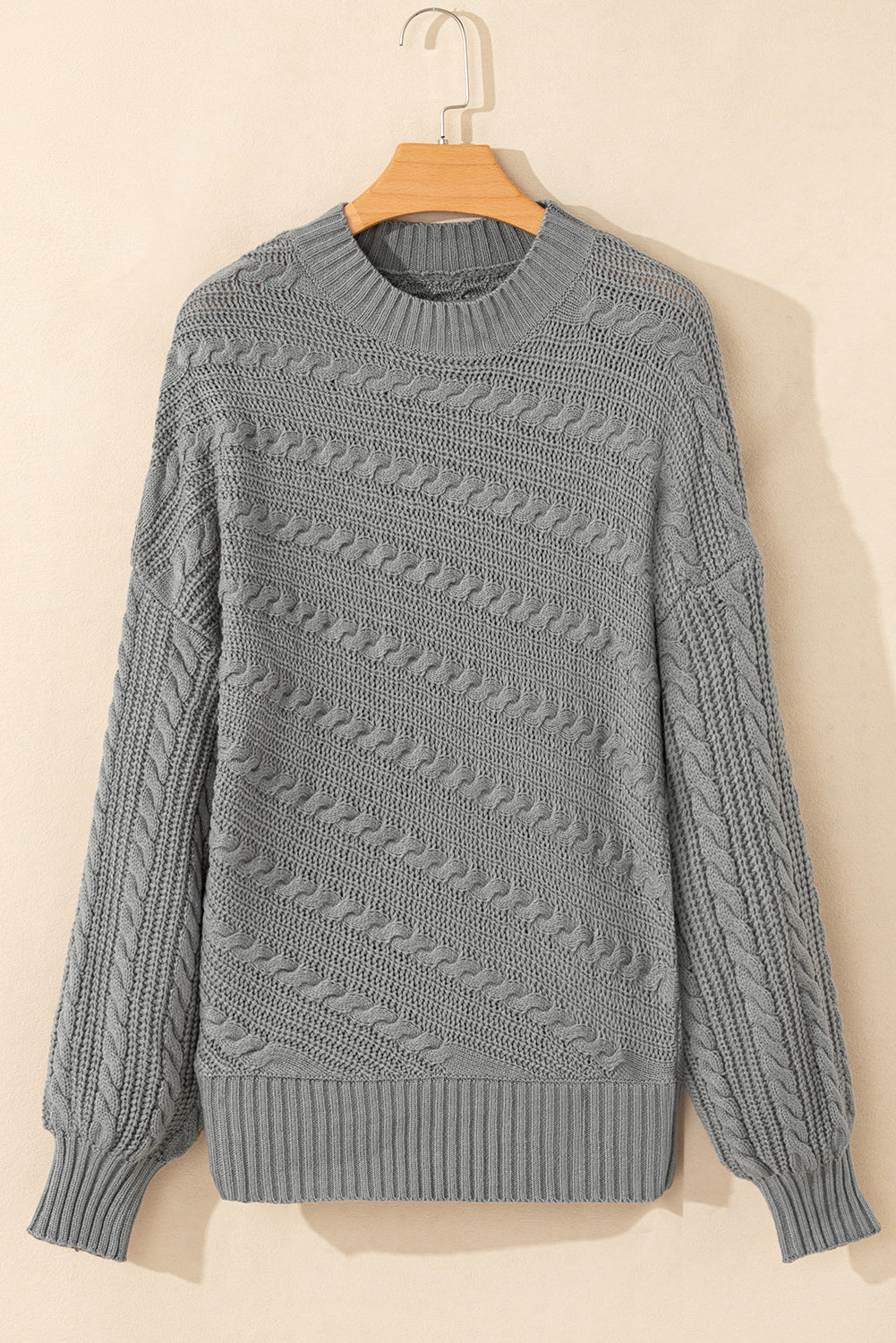 Blackish Green Mock Neck Lantern Sleeve Cable Knit Sweater