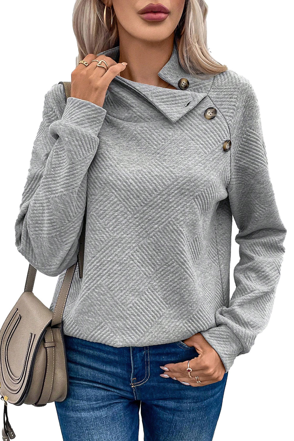 Light Grey Textured Snap Buttons Pullover Plus Size Sweatshirt