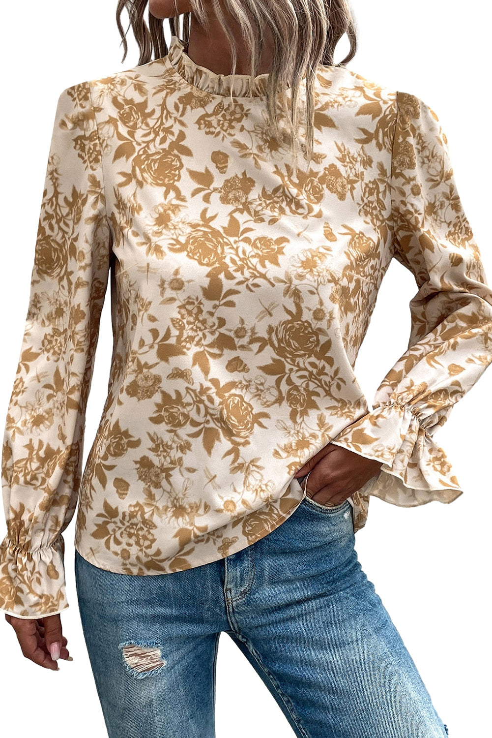 Light French Beige Floral Print Frilled Neckline Flounce Sleeve Blouse