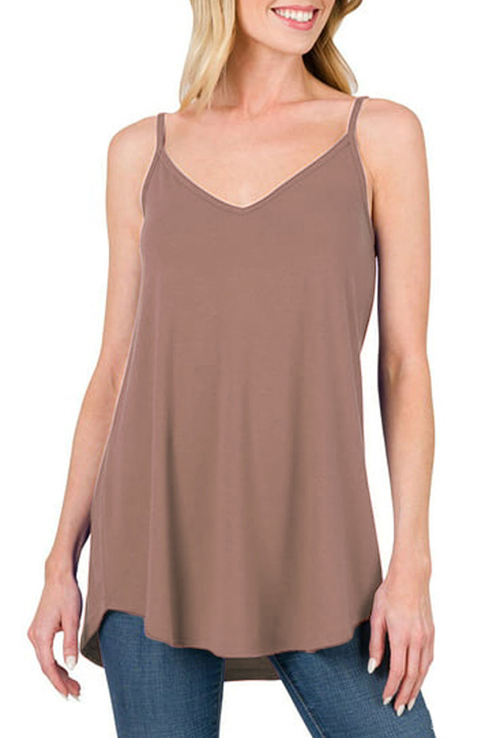 Clay Spaghetti Strap V-Neck Flowy Tunic Tank Top