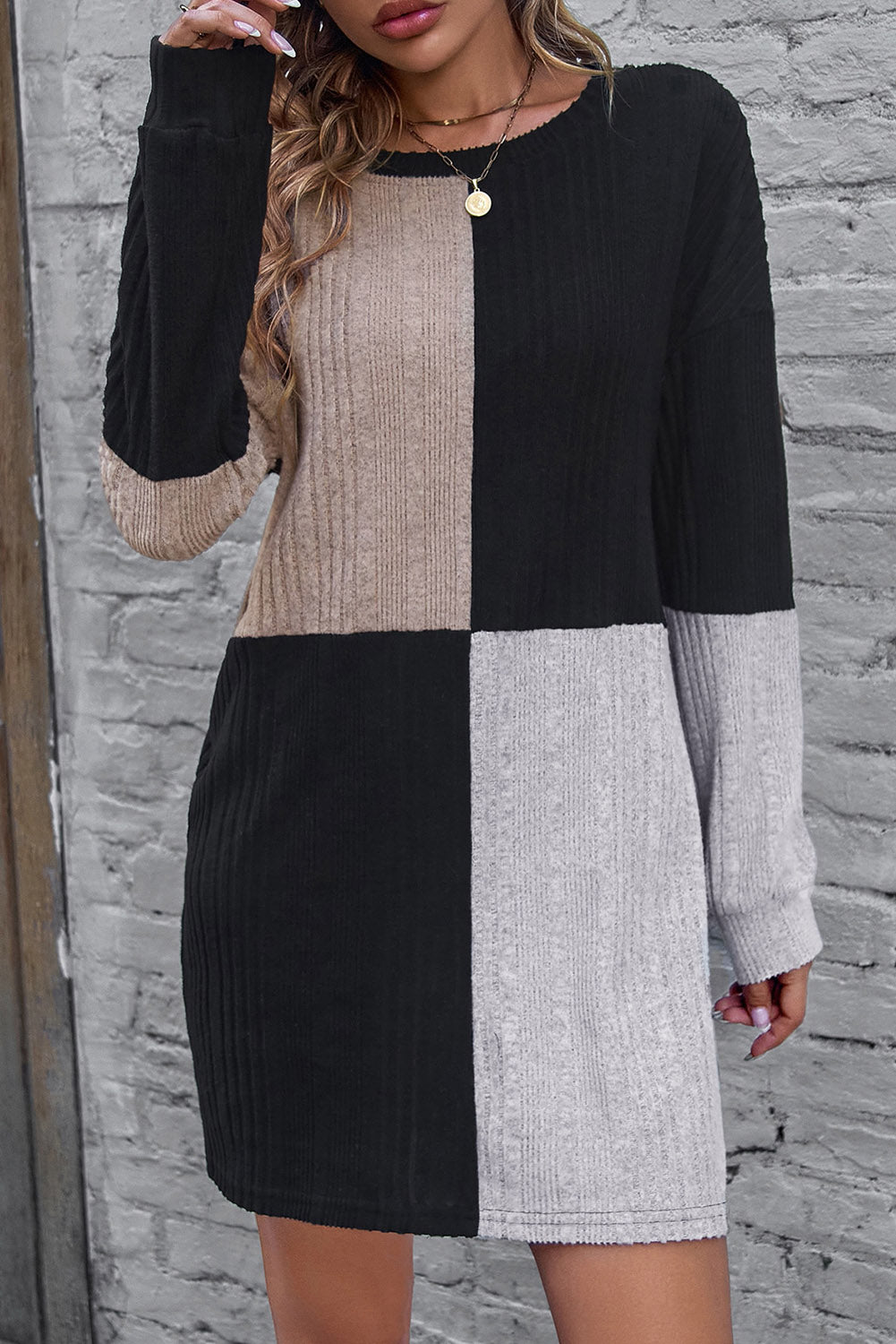 Black Colorblock Textured Knit Top