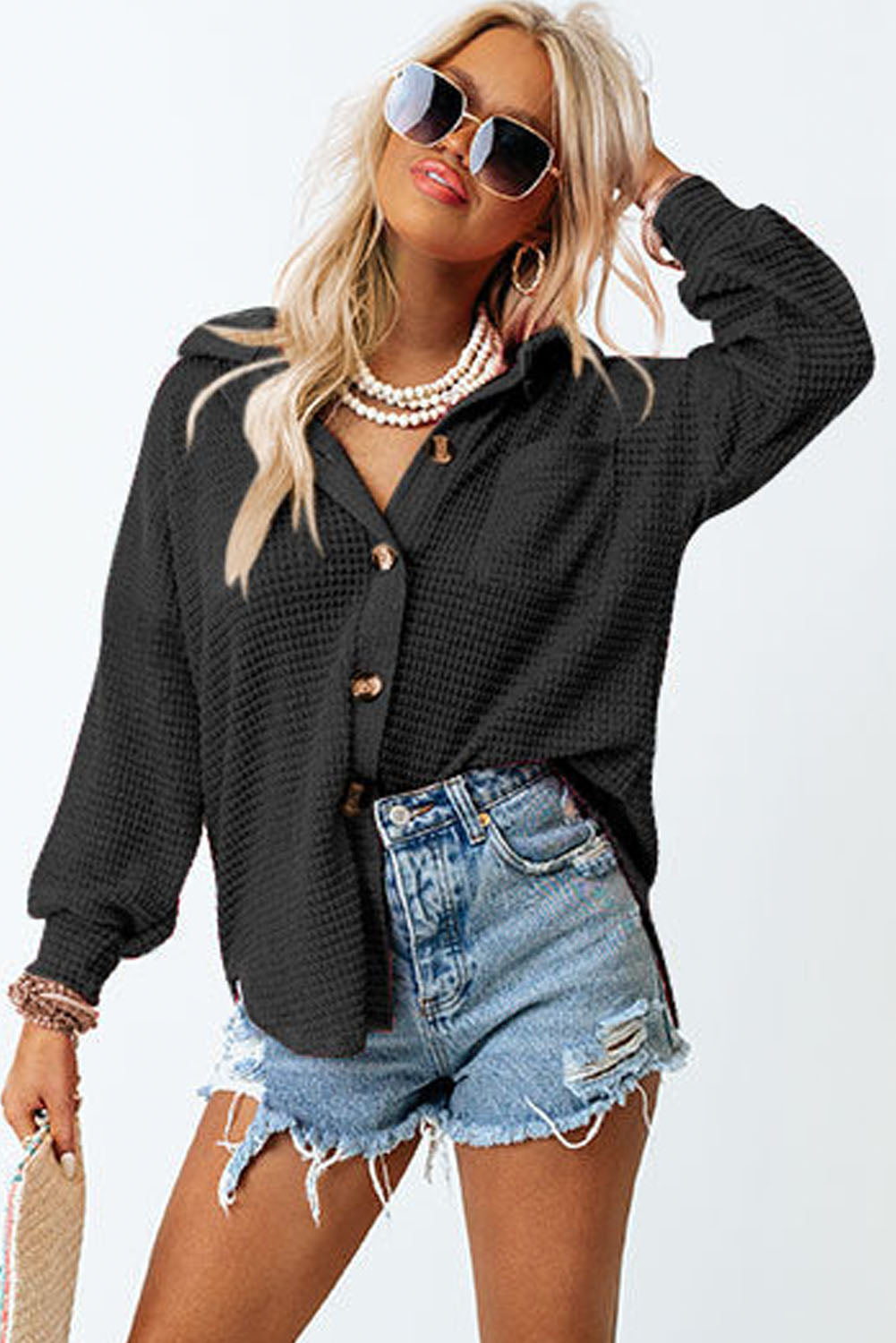 Black Waffle Knit Button Up Casual Shirt