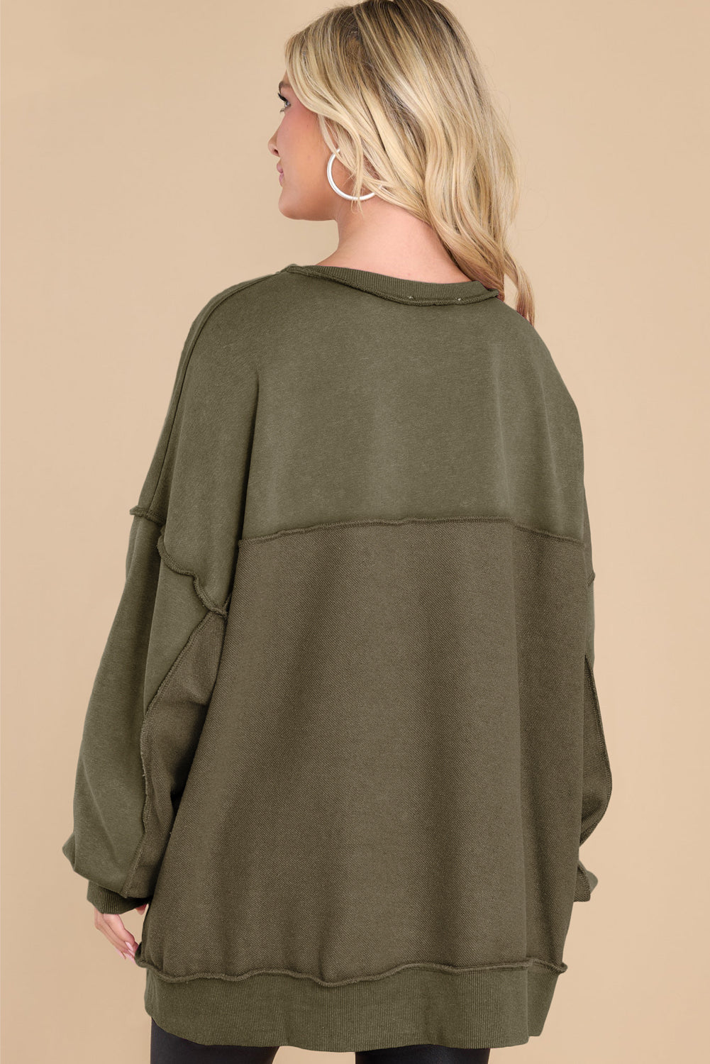 Green Oversized Exposed Seam Henley Sweatshirt