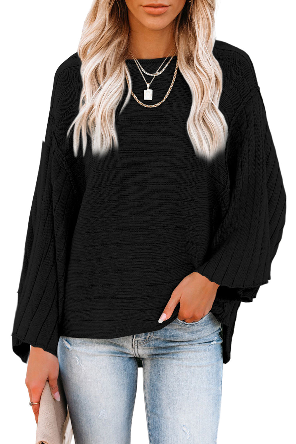 Gray Exposed Seam Ribbed Knit Dolman Top