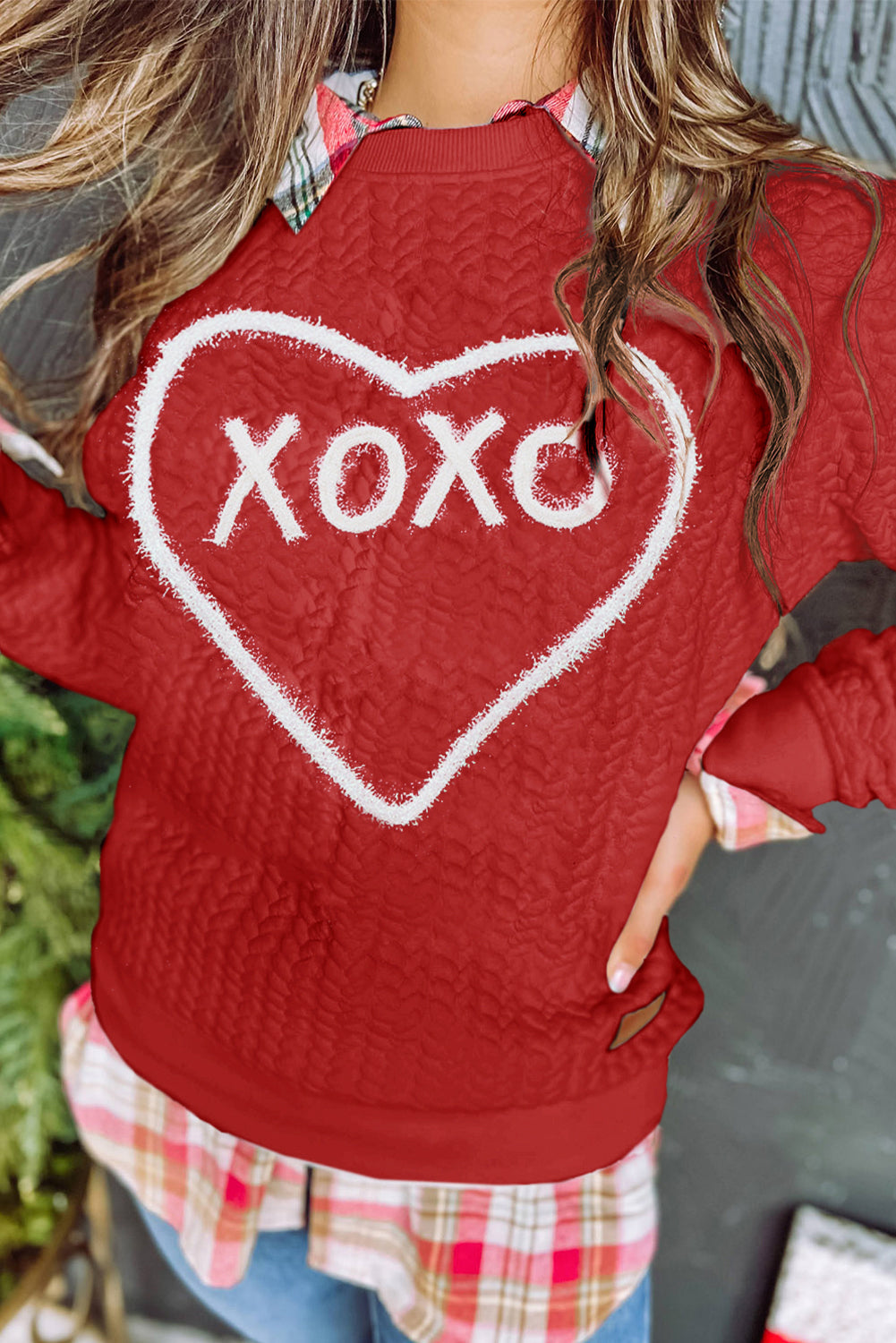 Racing Red Heart XOXO Chenille Embroidered Textured Sweatshirt