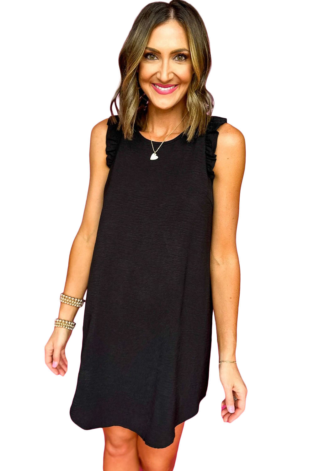 Black Solid Color Ruffled Sleeveless Shift Mini Dress