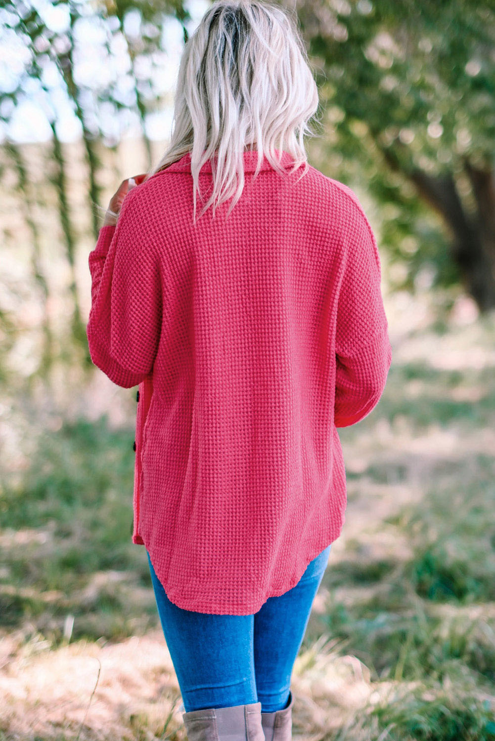 Brown Waffle Knit Button Up Casual Shirt