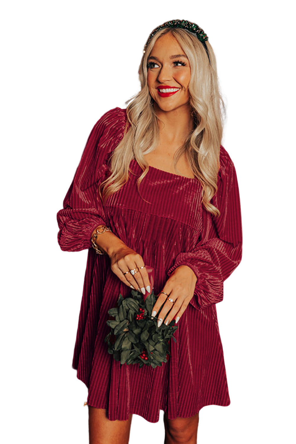 Chestnut Smocked Ribbed Velvet Babydoll Top