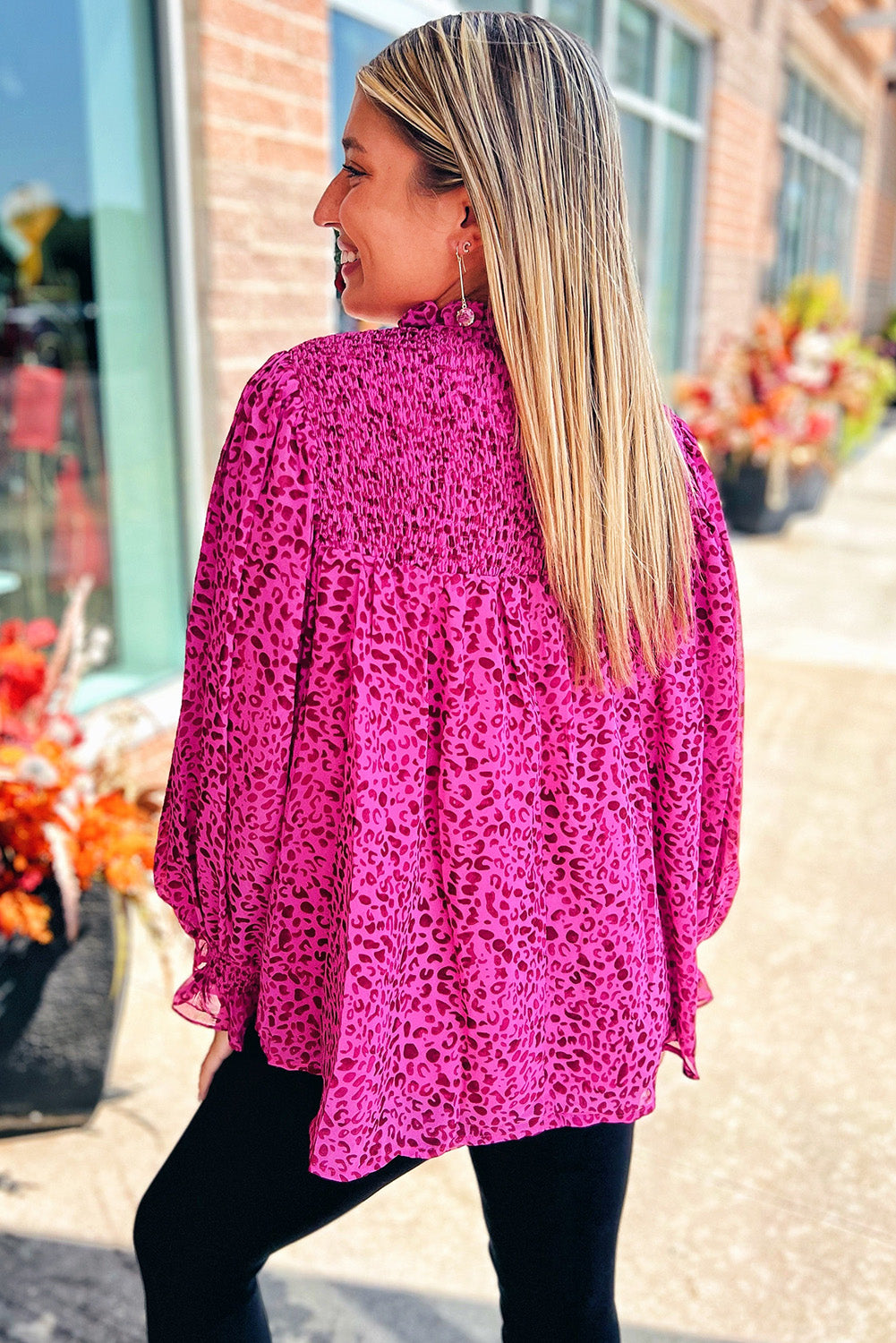 Rose Leopard Shirred Puff Sleeve Flowy Blouse