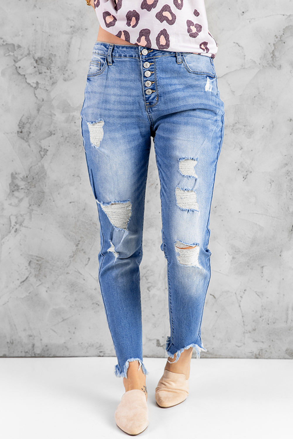 Sky Blue High Rise Button Front Frayed Ankle Skinny Jeans
