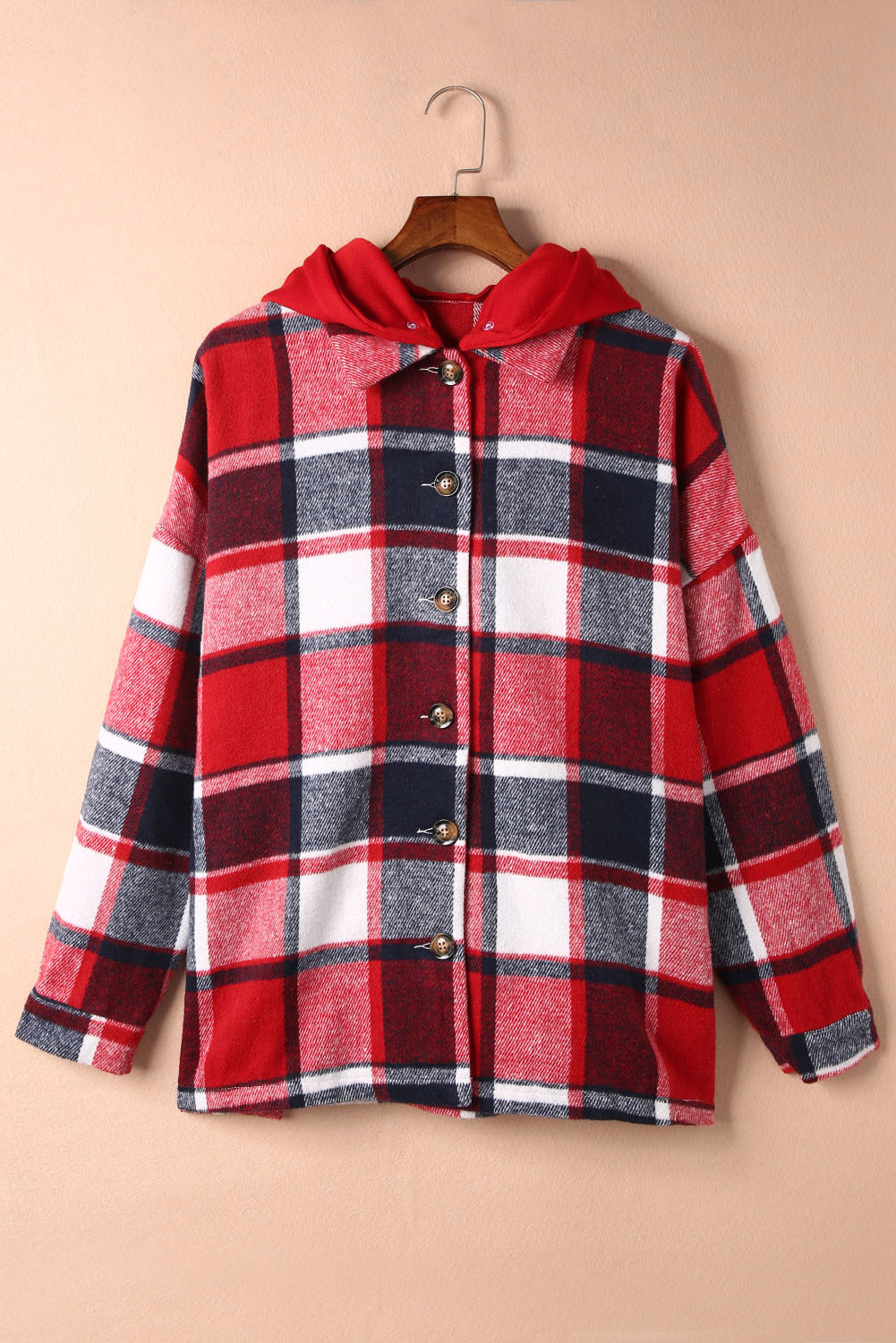 Red Printed Plus Size Plaid Button up Hooded Jacket