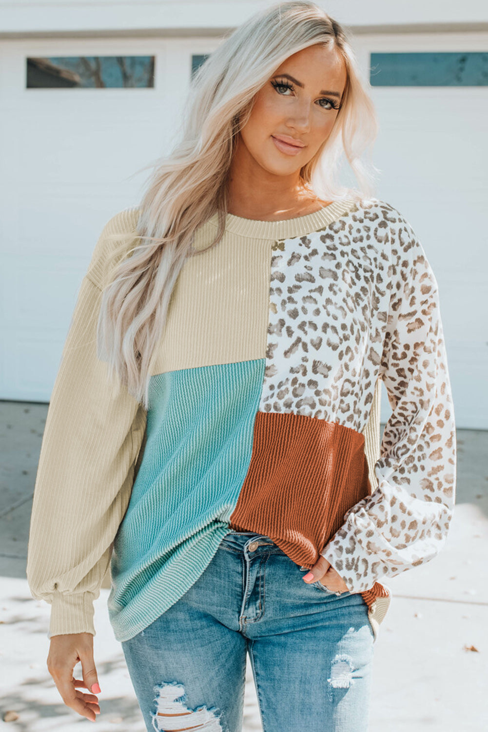 Khaki Leopard Patchwork Color Block Ribbed Long Sleeve Top