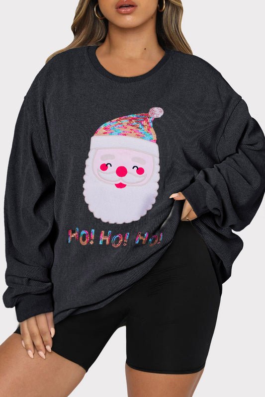 Black Plus Size HO HO HO Santa Graphic Corded Sweatshirt