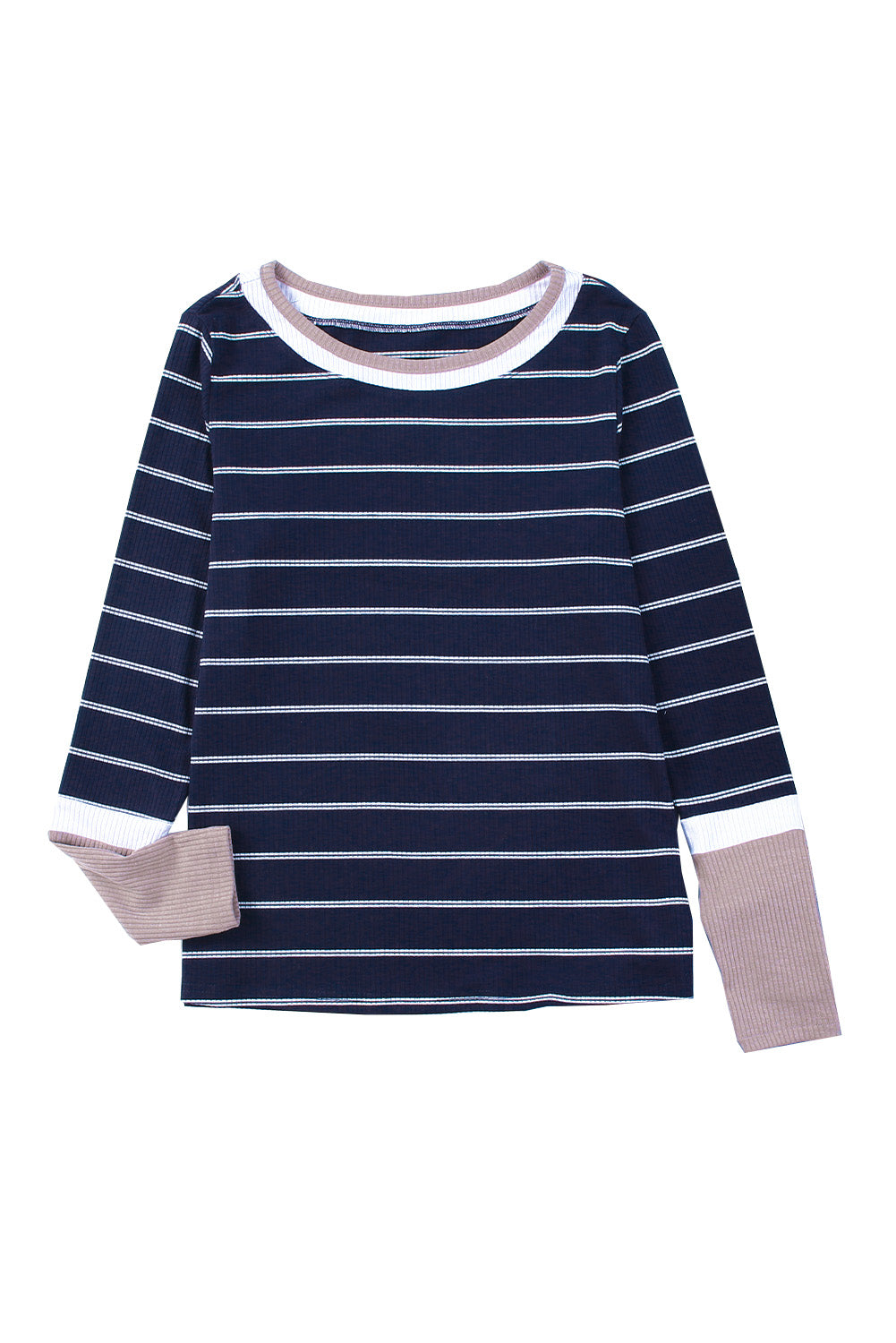 Blue Extend Color Block Cuffs Rib Knit Striped Pullover