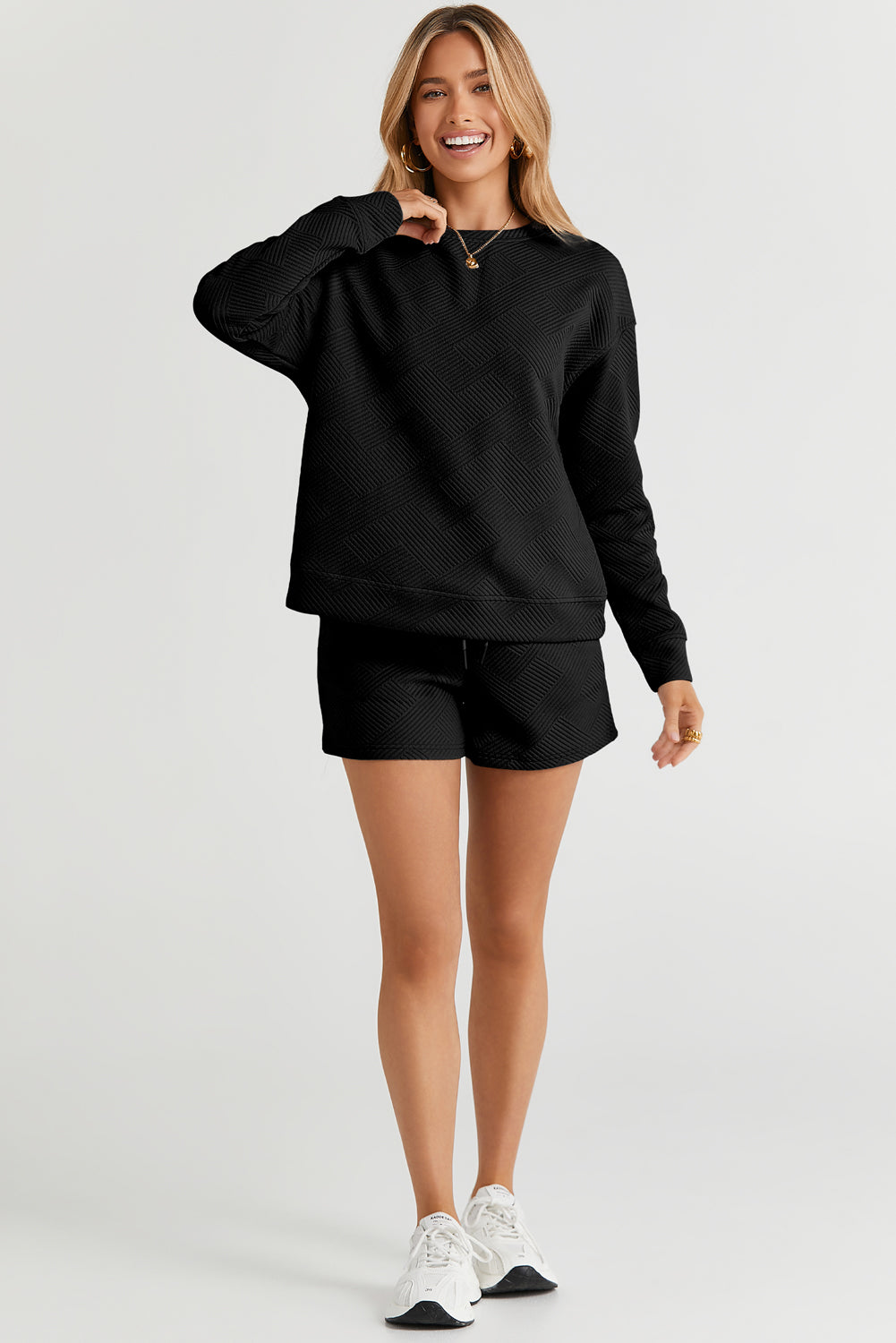 Multicolour Contrast Sleeve Color Block Pullover Shorts Textured Outfit