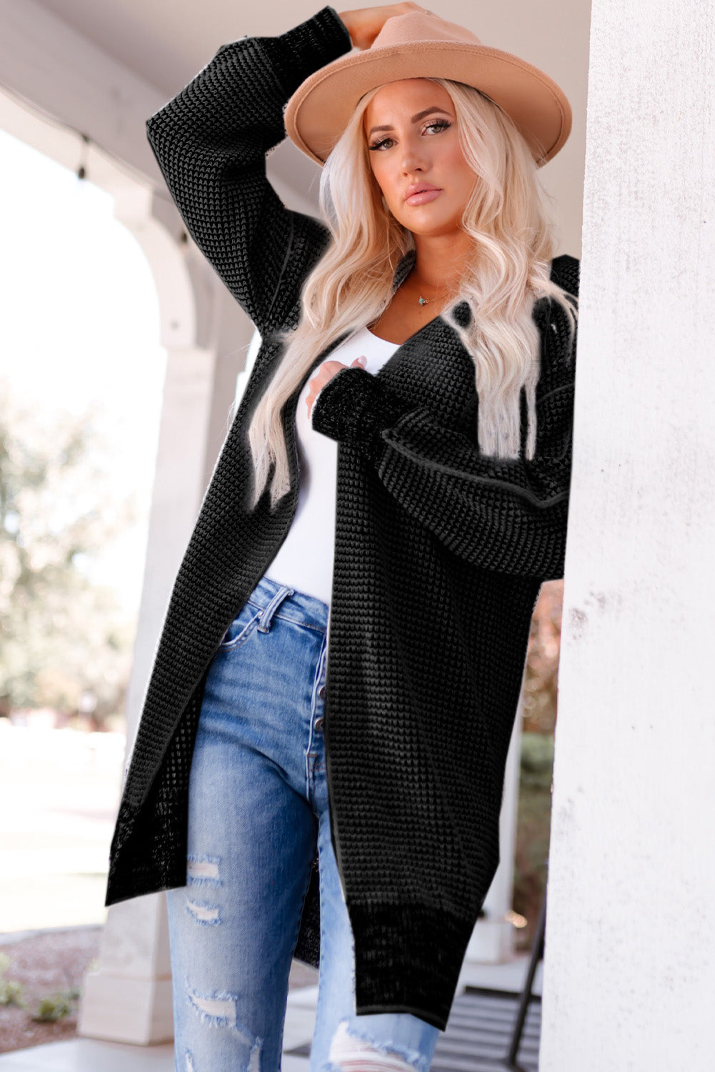 Gray Plaid Knitted Long Open Front Cardigan