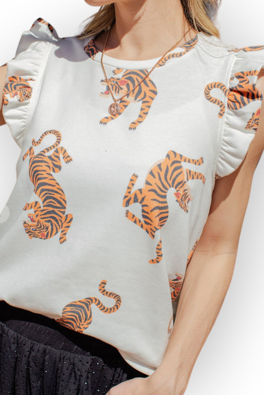 White Tiger Print Flutter Sleeve Crew Neck Blouse