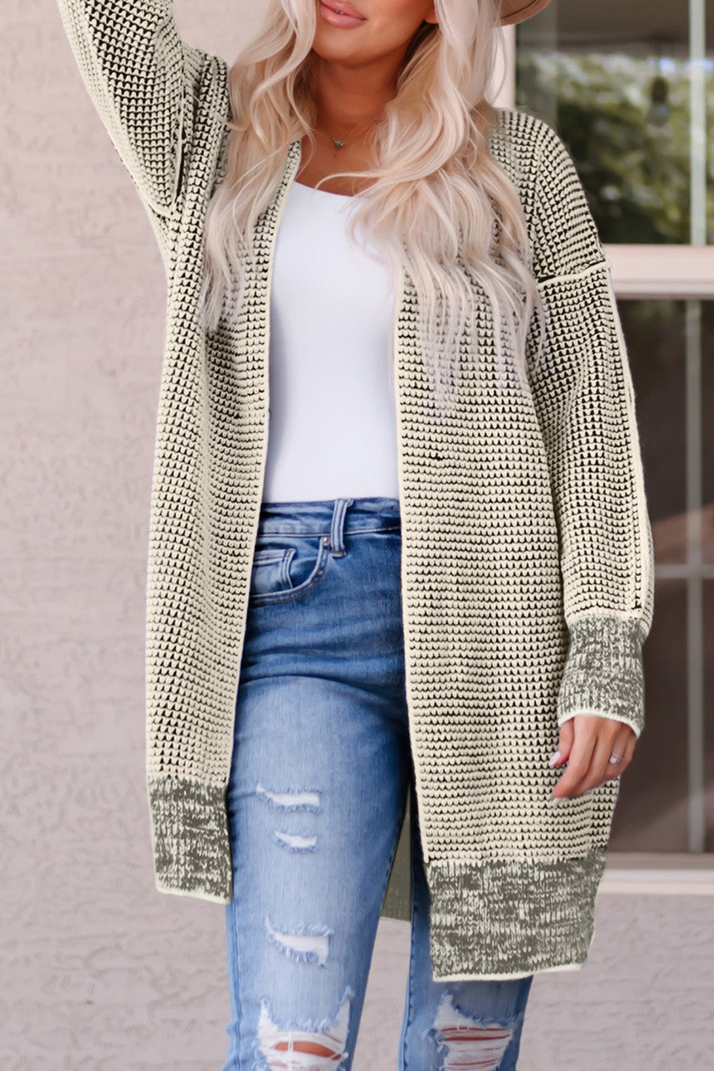 Gray Plaid Knitted Long Open Front Cardigan