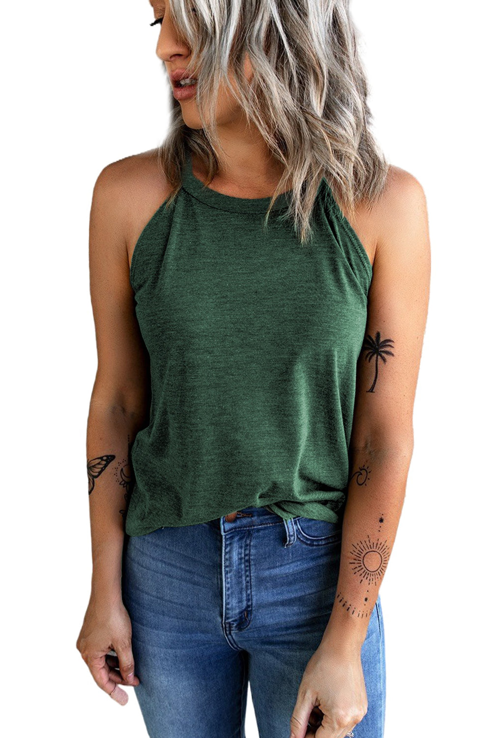 Green Solid Color Crew Neck Tank Top